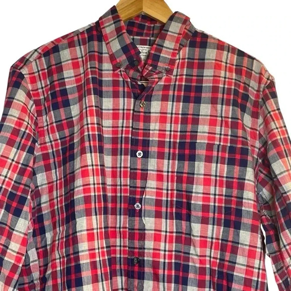 Tailored J Crew Men’s Quality Woven Shirt L Plaid Red Blue USA Patriotic Office - Picture 2 of 8
